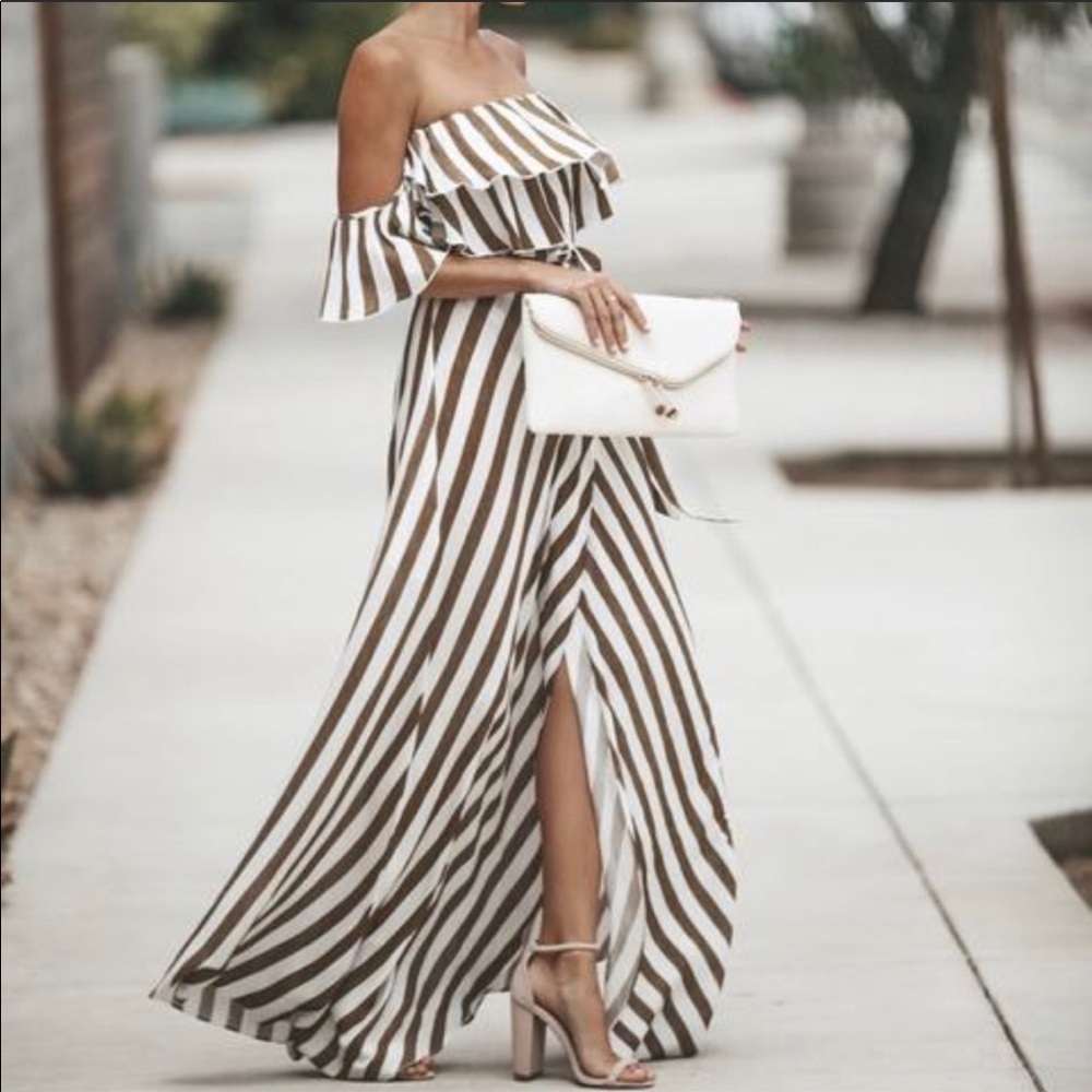 Strapless striped maxi dress